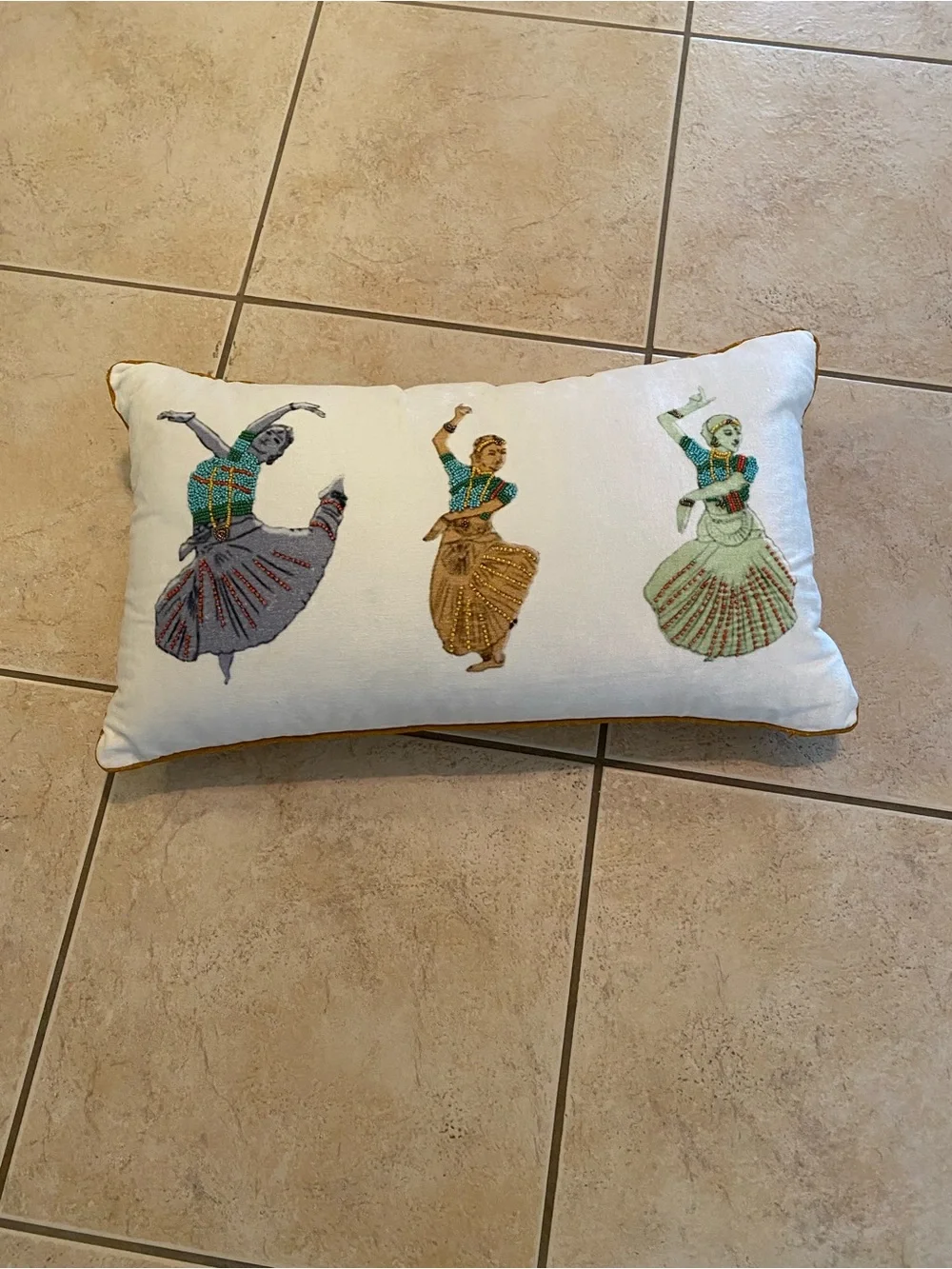 Embroidered Dance Motif Lumbar Pillow - White with Multicolor Figures